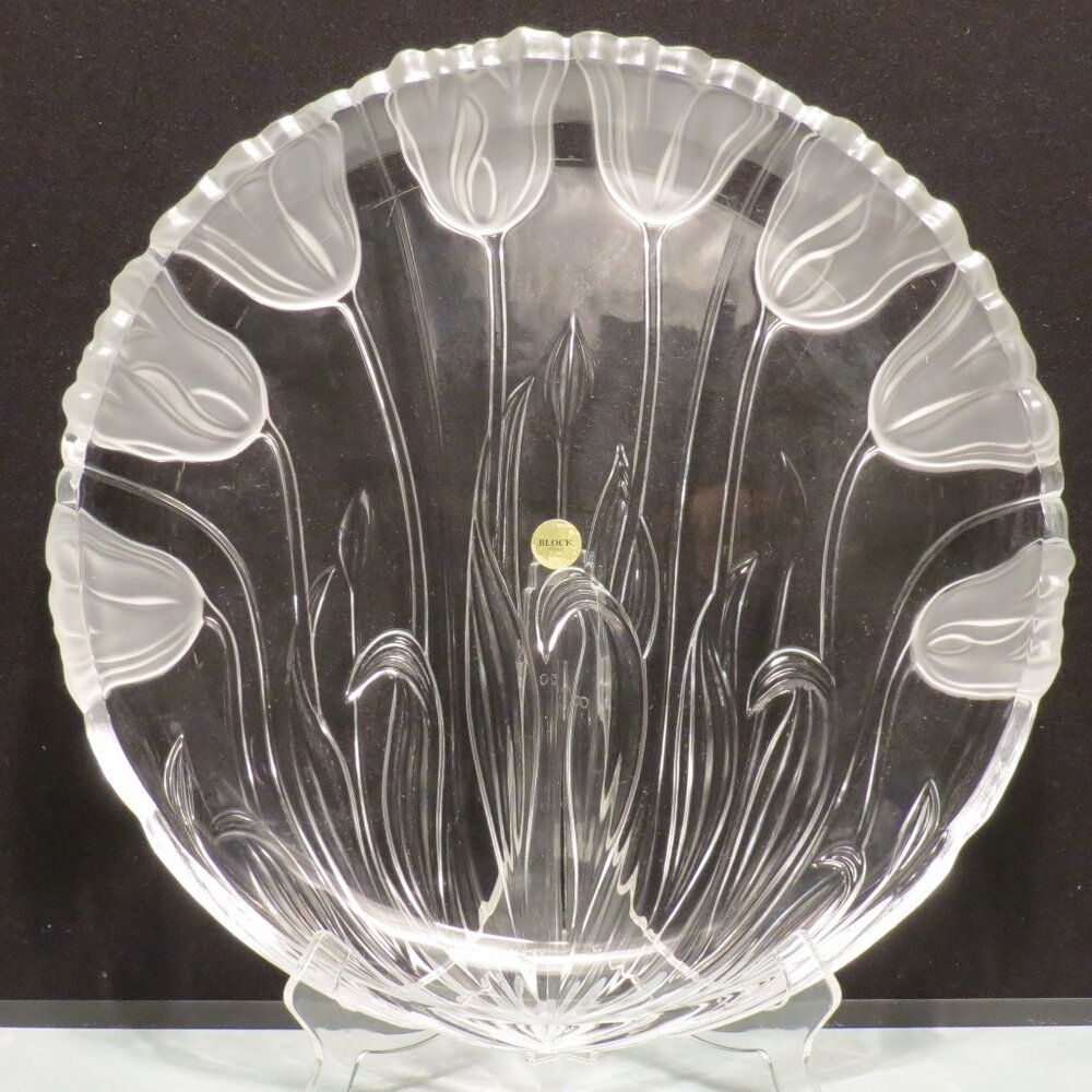 Block Crystal 15" Tulip Large Serving Tray Frosted Glass Platter Spring Flower